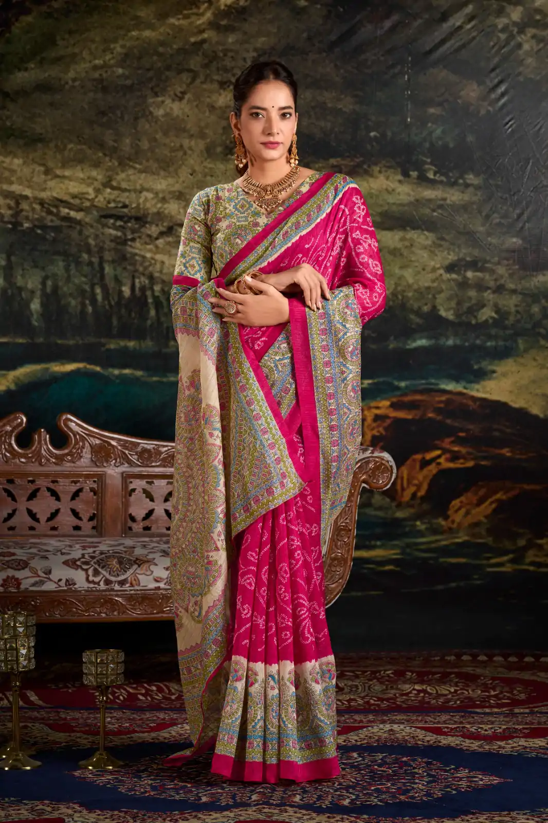 YNF 7209 Pink Color Green Silk Fusion Print Madhubani Bandhej Saree Casual, Wedding, Festive, Events . Expected Delivery 4-6 Working Days @1499/- only | Bollywood Sarees, Creative Sarees, Designer Sarees, Embroidered Sarees, Ethnic Saree, Modern Digital sarees, Party Wear Sarees, Sarees