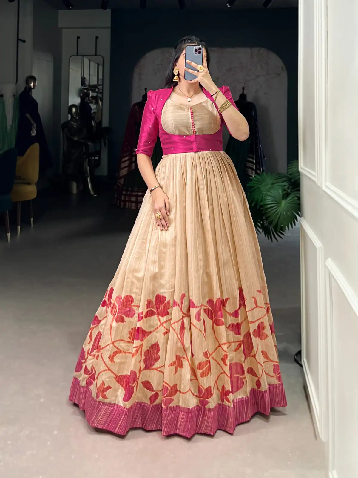 YNF 5027 Pink Color Green Silk Printed Gown Casual, Wedding, Festive, Events . Expected Delivery  4-6 Working Days @1799/- only      | Bollywood Gowns, Creative Gowns, Designer Gowns, Embroidered Gowns, Gowns, Party Wear Gowns