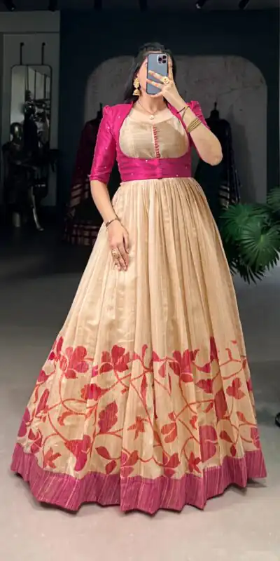 YNF 5027 Pink Color Green Silk Printed Gown Casual, Wedding, Festive, Events . Expected Delivery  4-6 Working Days @1799/- only      | Bollywood Gowns, Creative Gowns, Designer Gowns, Embroidered Gowns, Gowns, Party Wear Gowns
