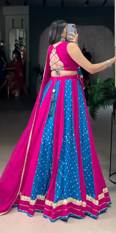 LNB 1673 Pink Color Tasar Silk Bandhej Print With Lace Touch Up Lehenga Choli Wedding, Party, Festive, Events Etc. Delivery 4-6 Working Days Rs 3099 | Bollywood Lehenga, Creative Lehenga, Designer Lehenga, Embroidered Lehenga, Lehenga, Party Wear Lehenga
