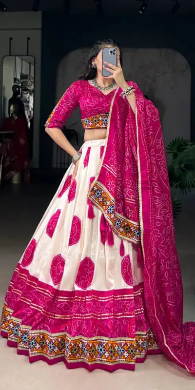 LNB 1736 Pink Color Tasar Silk Bandhej Print And Gamthi Work Lehenga Choli Wedding, Party, Festive, Events Etc. Delivery 4-6 Working Days Rs 3499 | Bollywood Lehenga, Creative Lehenga, Designer Lehenga, Embroidered Lehenga, Lehenga, Party Wear Lehenga