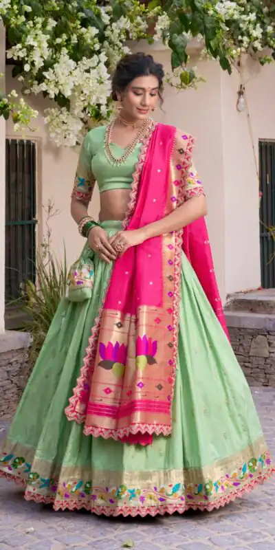LNB 2014 Pista Color Jacquard Silk Zari Work Sequins Thread Embroidery Lehenga Choli Wedding, Party, Festive, Events Etc. Delivery 4-6 Working Days Rs 3749 | Bollywood Lehenga, Creative Lehenga, Designer Lehenga, Embroidered Lehenga, Lehenga, Party Wear Lehenga