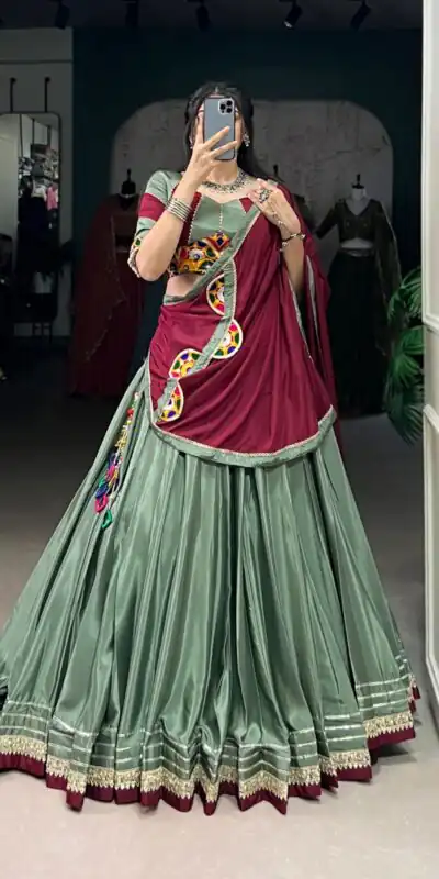LNB 1656 Pista Color Silk Crepe Sequins Thread Embroidery Gotta Lehenga Choli Festive Party Wedding, Events etc. Delivery 4-6 Working Days @3399/- | Bollywood Lehenga, Creative Lehenga, Designer Lehenga, Embroidered Lehenga, Lehenga, Party Wear Lehenga