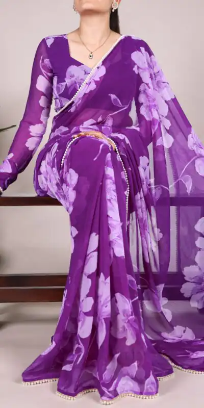 YNF 7011 Purple Color Chiffon Foral Printed Pearl Lace Border Saree Casual, Wedding, Festive, Events . Expected Delivery  4-6 Working Days @1499/- only                                                                                | Bollywood Sarees, Creative Sarees, Designer Sarees, Embroidered Sarees, Ethnic Saree, Modern Digital sarees, Party Wear Sarees, Sarees