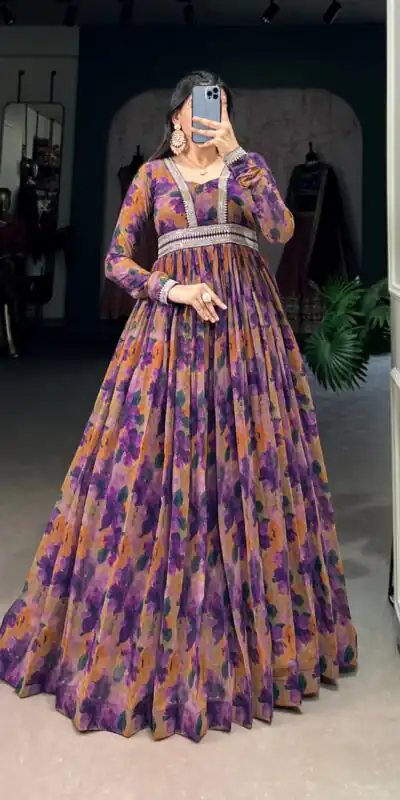 YNF 5019 Purple Color Georgette Floral print with Lace Border Gown Casual, Wedding, Festive, Events . Expected Delivery  4-6 Working Days @1799/- only      | Bollywood Gowns, Creative Gowns, Designer Gowns, Embroidered Gowns, Gowns, Party Wear Gowns