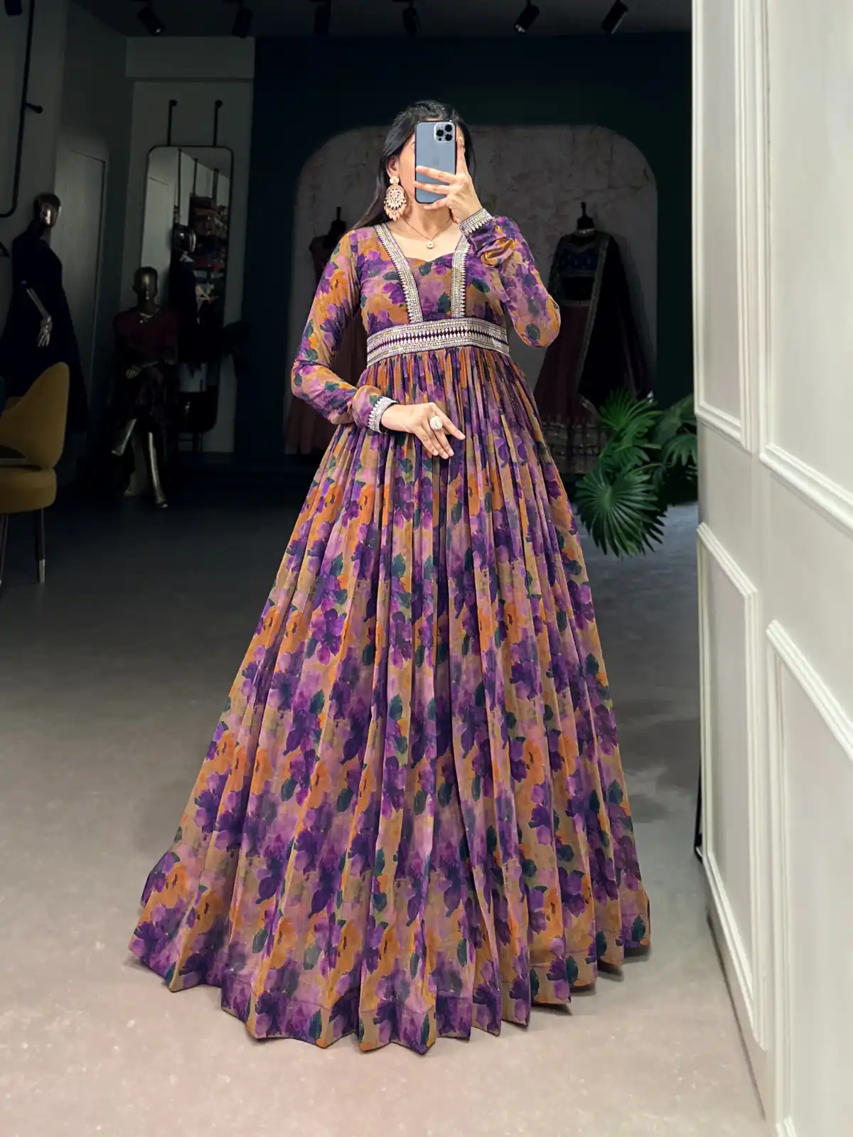 YNF 5019 Purple Color Georgette Floral print with Lace Border Gown Casual, Wedding, Festive, Events . Expected Delivery  4-6 Working Days @1799/- only      | Bollywood Gowns, Creative Gowns, Designer Gowns, Embroidered Gowns, Gowns, Party Wear Gowns