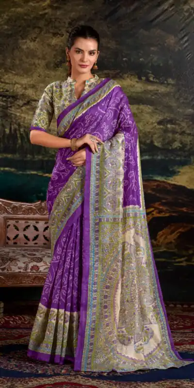YNF 7209 purple Color Green Silk Fusion Print Madhubani Bandhej Saree Casual, Wedding, Festive, Events . Expected Delivery  4-6 Working Days @1499/- only                                                                                | Bollywood Sarees, Creative Sarees, Designer Sarees, Embroidered Sarees, Ethnic Saree, Modern Digital sarees, Party Wear Sarees, Sarees