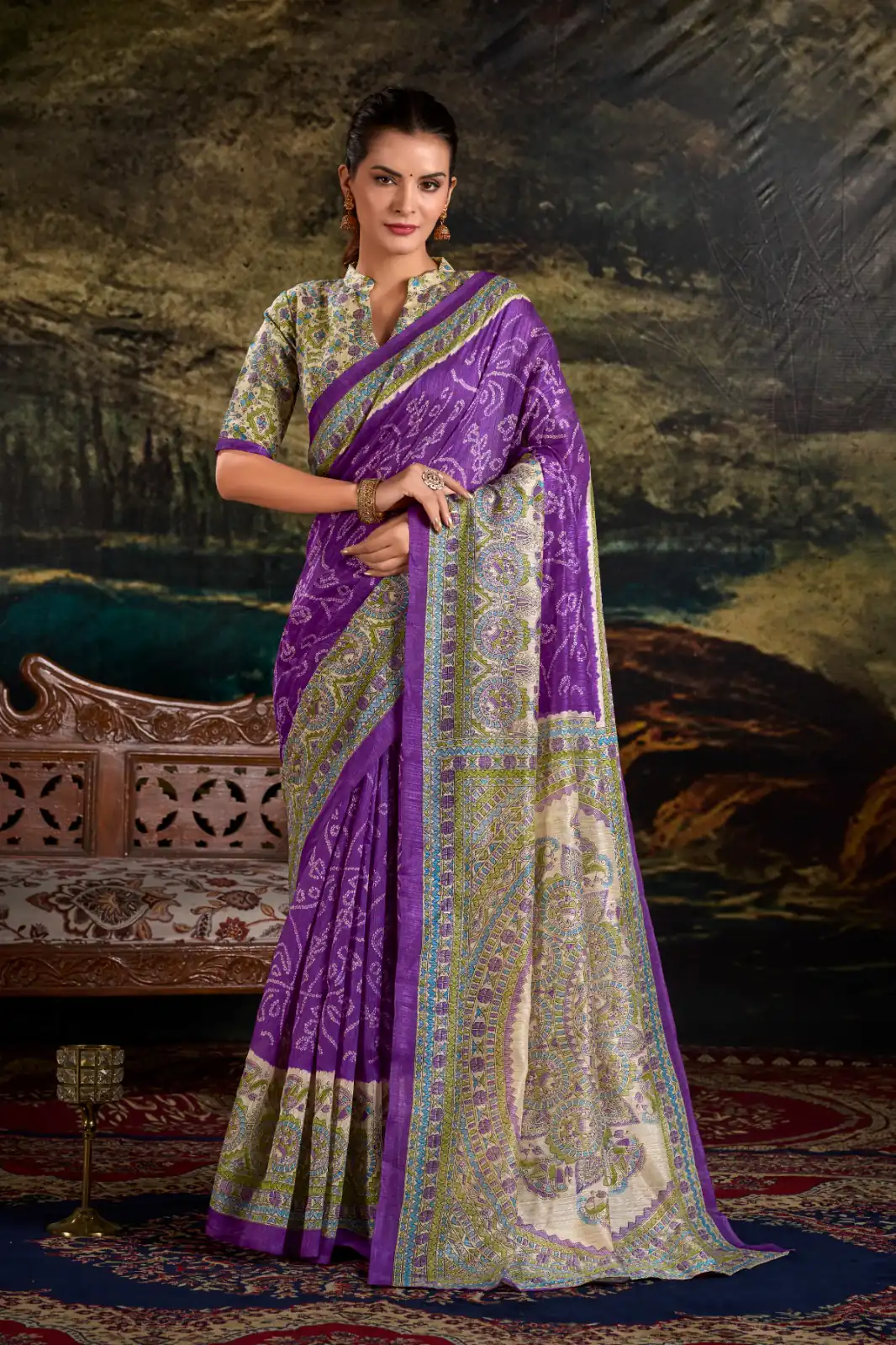 YNF 7209 purple Color Green Silk Fusion Print Madhubani Bandhej Saree Casual, Wedding, Festive, Events . Expected Delivery  4-6 Working Days @1499/- only                                                                                | Bollywood Sarees, Creative Sarees, Designer Sarees, Embroidered Sarees, Ethnic Saree, Modern Digital sarees, Party Wear Sarees, Sarees