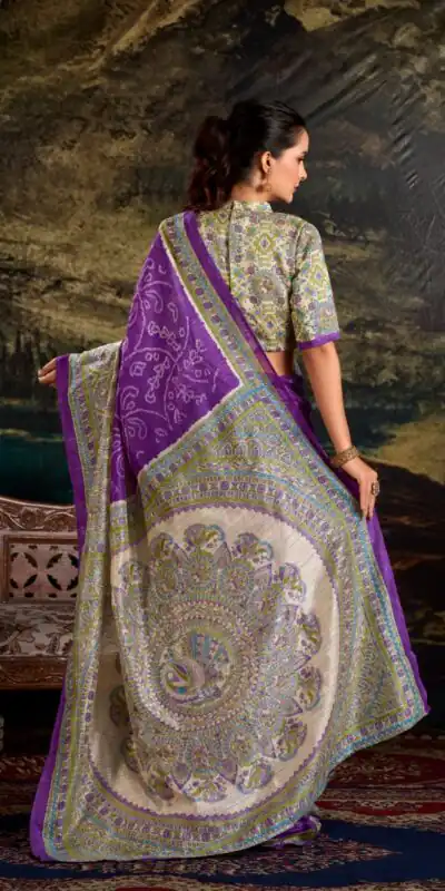 YNF 7209 purple Color Green Silk Fusion Print Madhubani Bandhej Saree Casual, Wedding, Festive, Events . Expected Delivery  4-6 Working Days @1499/- only                                                                                | Bollywood Sarees, Creative Sarees, Designer Sarees, Embroidered Sarees, Ethnic Saree, Modern Digital sarees, Party Wear Sarees, Sarees