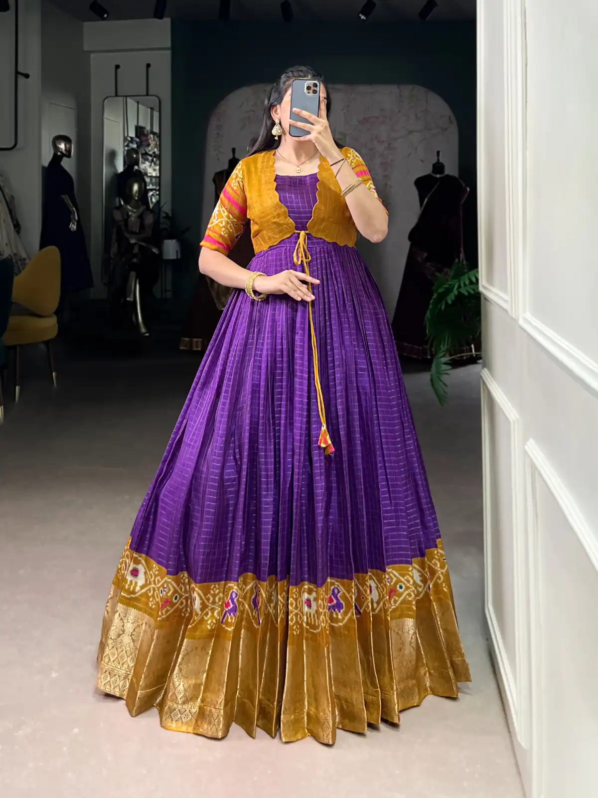 YNF 5028 Purple Color Tasar Chex Patola With Weaving Work Border Gown Casual, Wedding, Festive, Events . Expected Delivery  4-6 Working Days @1799/- only      | Bollywood Gowns, Creative Gowns, Designer Gowns, Embroidered Gowns, Gowns, Party Wear Gowns