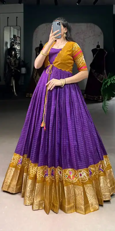 YNF 5028 Purple Color Tasar Chex Patola With Weaving Work Border Gown Casual, Wedding, Festive, Events . Expected Delivery  4-6 Working Days @1799/- only      | Bollywood Gowns, Creative Gowns, Designer Gowns, Embroidered Gowns, Gowns, Party Wear Gowns