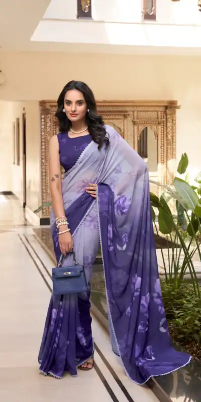 YNF 7038 Purple Color Weightless Marbal Floral Printed Lace Border Saree Casual, Wedding, Festive, Events . Expected Delivery  4-6 Working Days @1549/- only                                                                                | Bollywood Sarees, Creative Sarees, Designer Sarees, Embroidered Sarees, Ethnic Saree, Modern Digital sarees, Party Wear Sarees, Sarees
