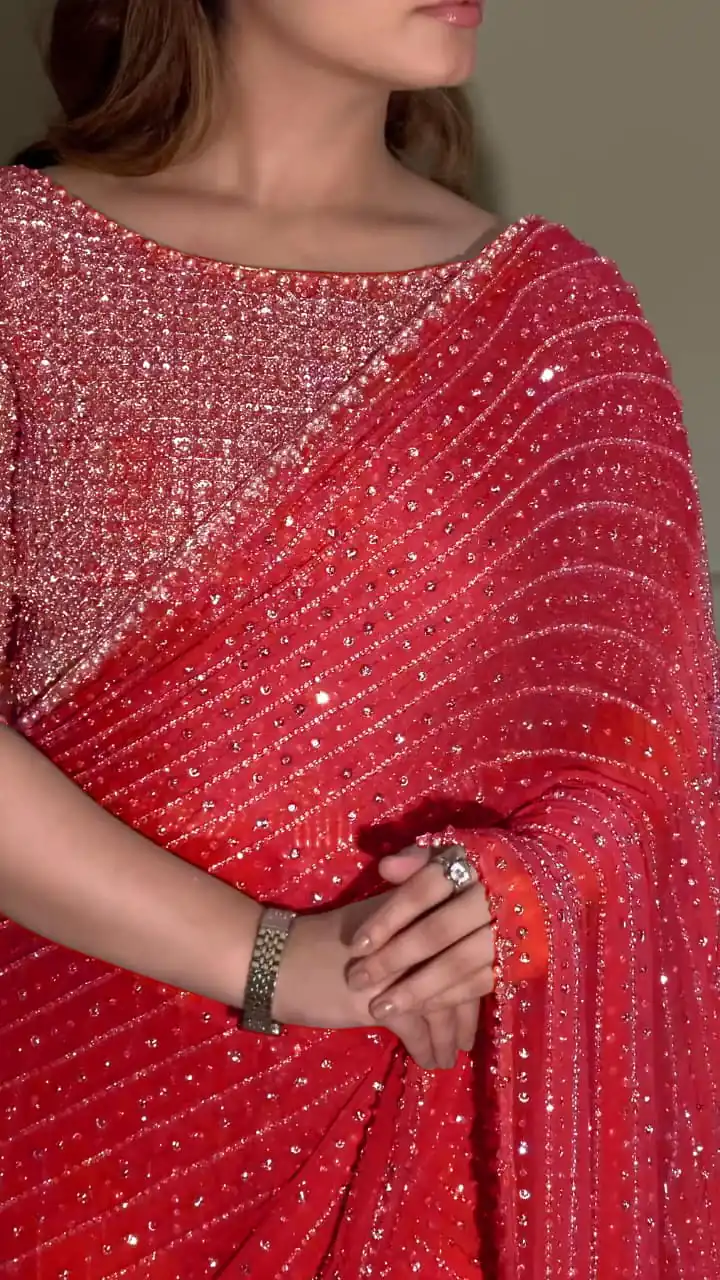 YNF 3452 -DF 3452 Red Color Georgette Sequins Multy Embroidery Work Saree Casual, Wedding, Festive, Events . Expected Delivery  4-6 Working Days @1799/- only                                                                                | Bollywood Sarees, Creative Sarees, Designer Sarees, Embroidered Sarees, Ethnic Saree, Modern Digital sarees, Party Wear Sarees, Sarees