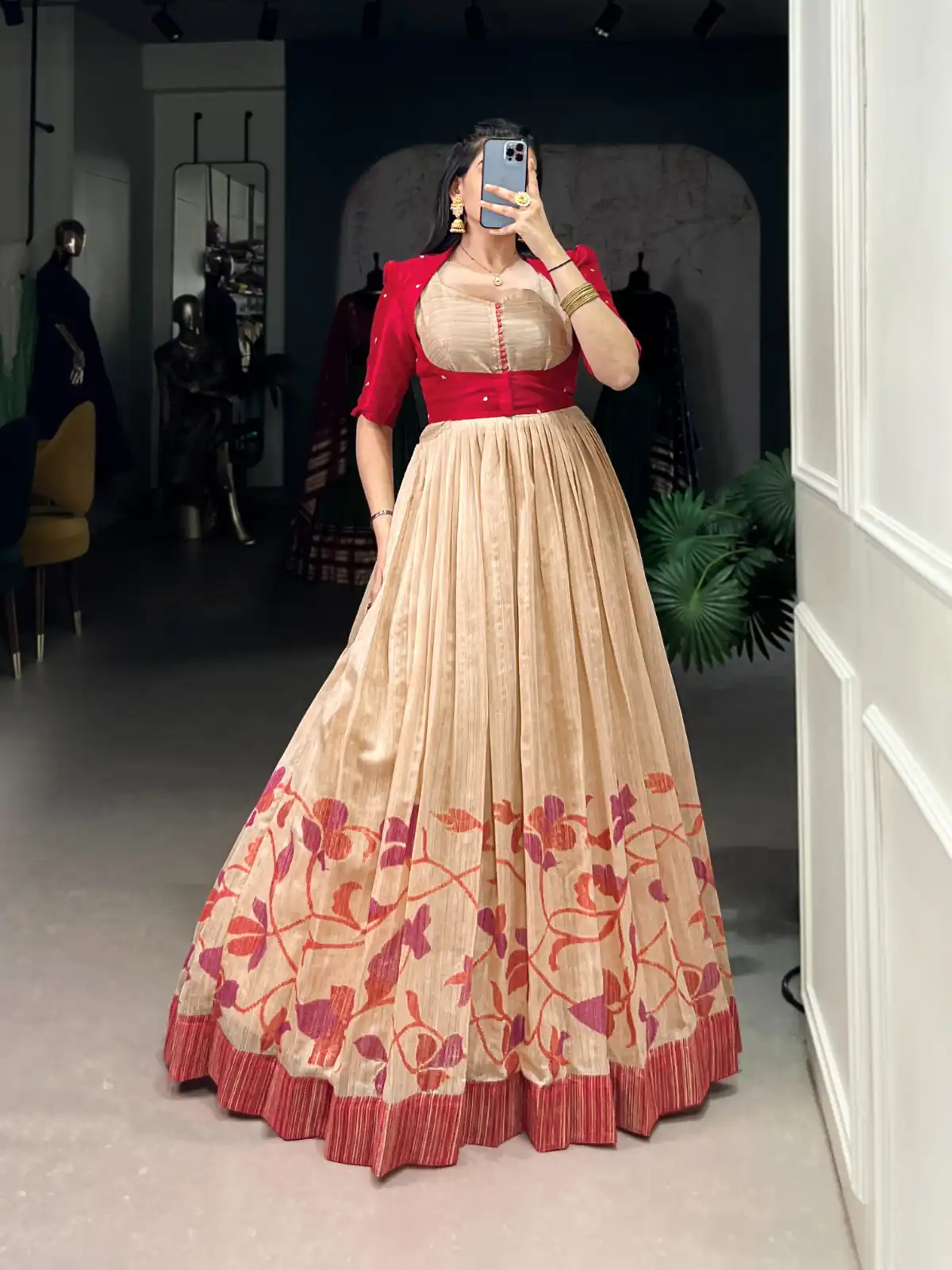 YNF 5027 Red Color Green Silk Printed Gown Casual, Wedding, Festive, Events . Expected Delivery  4-6 Working Days @1799/- only      | Bollywood Gowns, Creative Gowns, Designer Gowns, Embroidered Gowns, Gowns, Party Wear Gowns