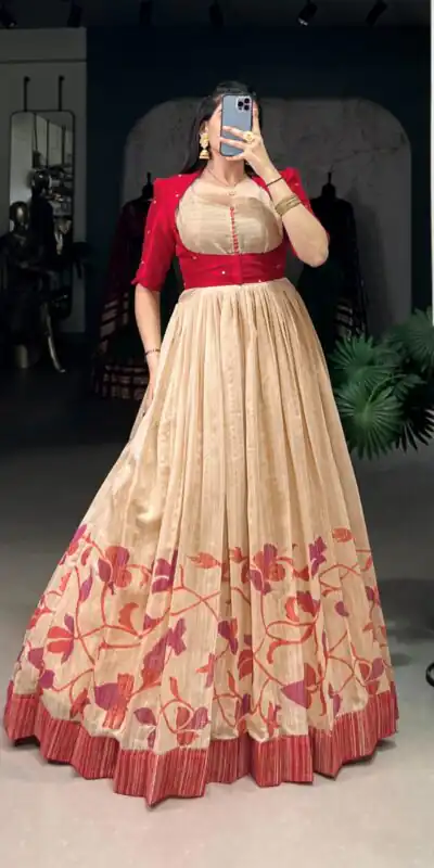 YNF 5027 Red Color Green Silk Printed Gown Casual, Wedding, Festive, Events . Expected Delivery  4-6 Working Days @1799/- only      | Bollywood Gowns, Creative Gowns, Designer Gowns, Embroidered Gowns, Gowns, Party Wear Gowns