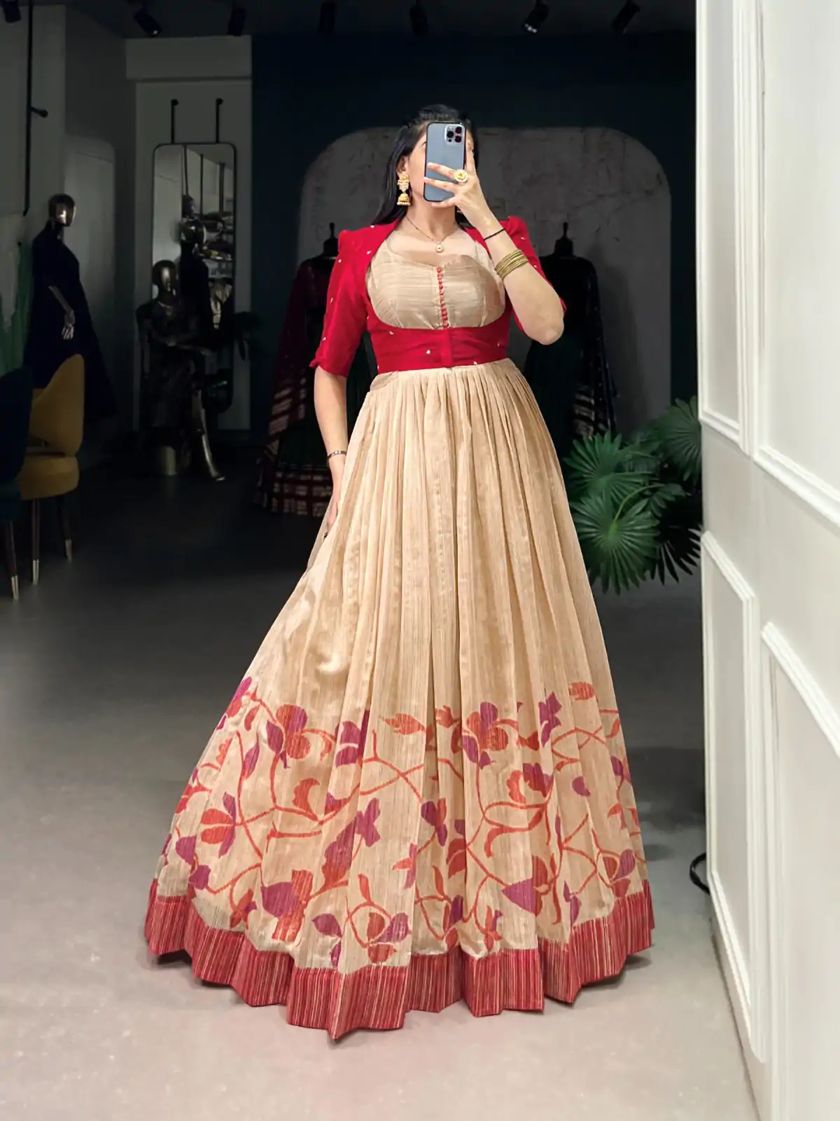 YNF 5027 Red Color Green Silk Printed Gown Casual, Wedding, Festive, Events . Expected Delivery  4-6 Working Days @1799/- only      | Bollywood Gowns, Creative Gowns, Designer Gowns, Embroidered Gowns, Gowns, Party Wear Gowns