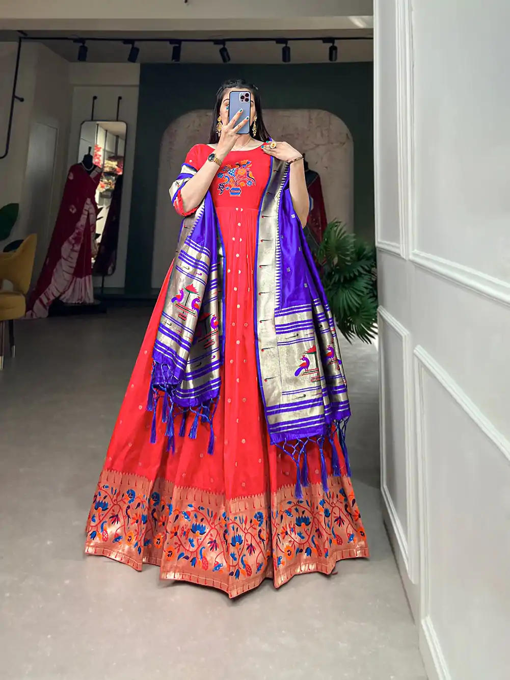 YNF5302  Red Color Jacquard Silk Paithani Zari Designer Gown Casual, Wedding, Festive, Events, Designer Party Wear,  Expected Delivery 4-6 Working Days @2549 | Bollywood Gowns, Creative Gowns, Designer Gowns, Embroidered Gowns, Gowns, Party Wear Gowns