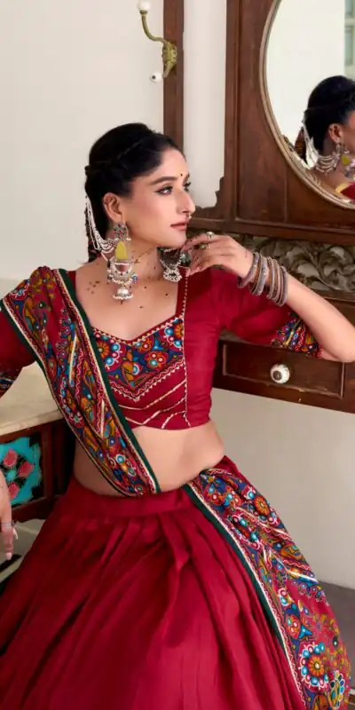 LNB 1243 Red Color Tasar Silk Gamthi Print Embossed Gotta Patti Lace Lehenga Choli Festive Party Wedding, Events etc. Delivery 4-6 Working Days @2999/- | Bollywood Lehenga, Creative Lehenga, Designer Lehenga, Embroidered Lehenga, Lehenga, Party Wear Lehenga