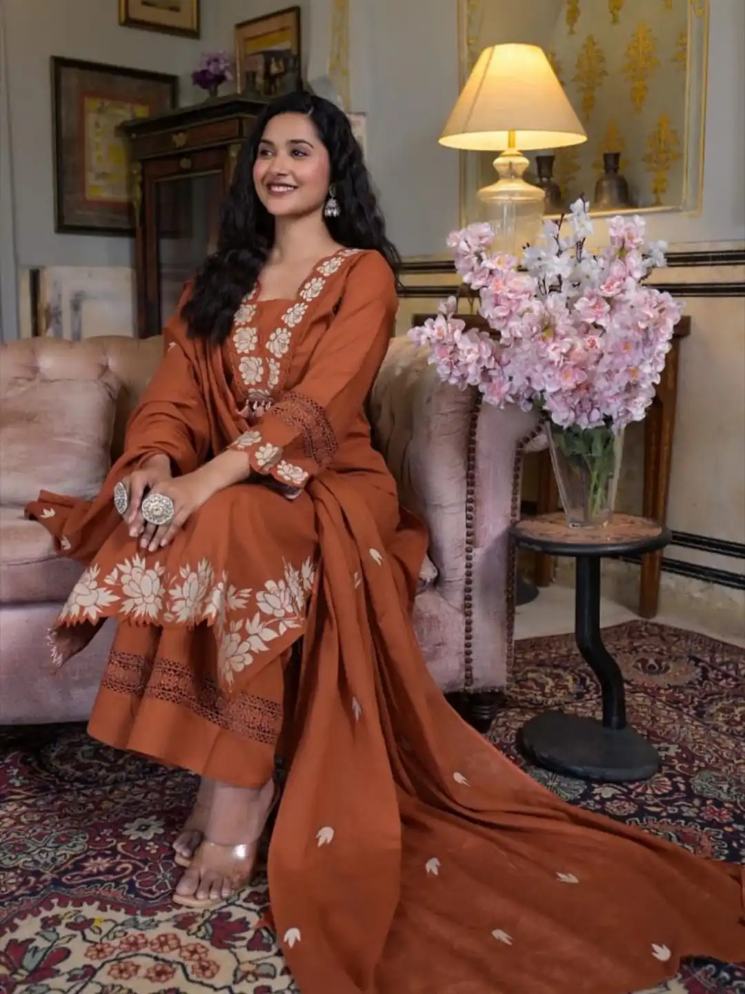 BE 385 Rust Color Rayon Slub Cotton Embroidery Wor Salwar Suit Casual, Wedding, Festive, Events . Expected Delivery  4-6 Working Days @1899/- only      | Jump Suits, Casual Suits, Creative suits, Designer Suits, Palazzo Suits, Party Wear Suits, Patiala Suits, Salwar suit, Straight Suits