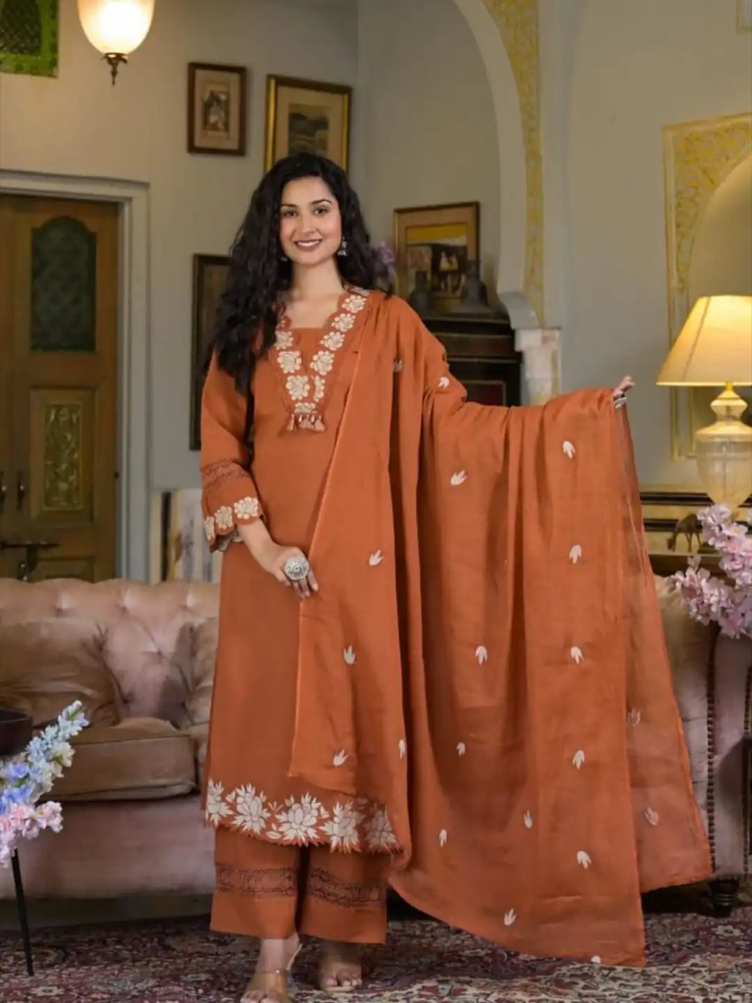 BE 385 Rust Color Rayon Slub Cotton Embroidery Wor Salwar Suit Casual, Wedding, Festive, Events . Expected Delivery  4-6 Working Days @1899/- only      | Jump Suits, Casual Suits, Creative suits, Designer Suits, Palazzo Suits, Party Wear Suits, Patiala Suits, Salwar suit, Straight Suits