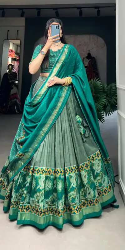 LNB 1210 Sea Green Color Tasar Silk Floral Print With Foil Print Lehenga Choli Wedding, Party, Festive, Events Etc. Delivery 4-6 Working Days Rs 2499 | Bollywood Lehenga, Creative Lehenga, Designer Lehenga, Embroidered Lehenga, Lehenga, Party Wear Lehenga