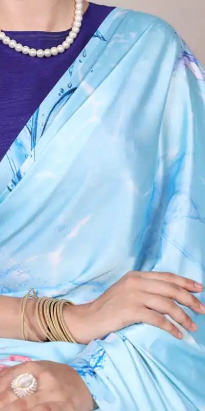 YNF 7054 Sky Blue Color Satin Silk Floral Printed Saree Casual, Wedding, Festive, Events . Expected Delivery  4-6 Working Days @1549/- only                                                                                | Bollywood Sarees, Creative Sarees, Designer Sarees, Embroidered Sarees, Ethnic Saree, Modern Digital sarees, Party Wear Sarees, Sarees