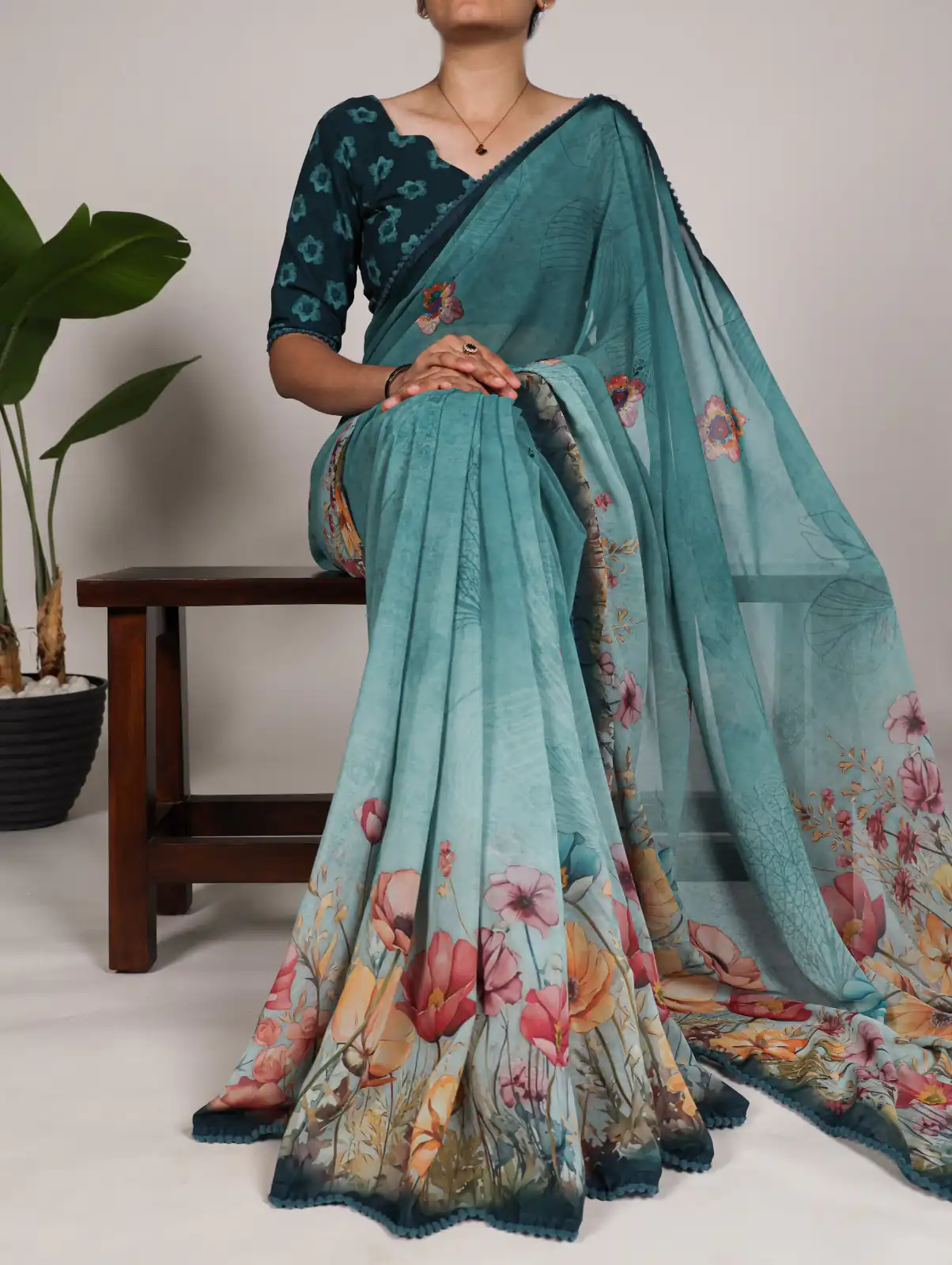 YNF 7009 Teal Color Georgette Floral Print With Lace Border Saree Casual, Wedding, Festive, Events . Expected Delivery  4-6 Working Days @1299/- only                                                                                | Bollywood Sarees, Creative Sarees, Designer Sarees, Embroidered Sarees, Ethnic Saree, Modern Digital sarees, Party Wear Sarees, Sarees