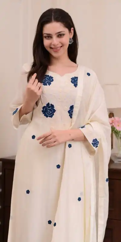 BE 382 White Color Roman Silk Embroidery Work Salwar Suit Casual, Wedding, Festive, Events . Expected Delivery  4-6 Working Days @1949/- only      | Jump Suits, Tops & Bottoms, Track Suits, Trendy Wear, Casual Suits, Creative suits, Designer Suits, Palazzo Suits, Party Wear Suits, Patiala Suits, Salwar suit, Straight Suits