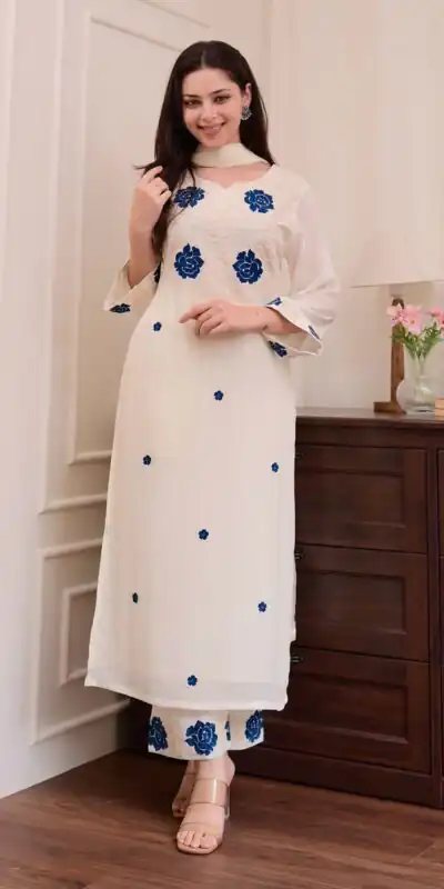 BE 382 White Color Roman Silk Embroidery Work Salwar Suit Casual, Wedding, Festive, Events . Expected Delivery  4-6 Working Days @1949/- only      | Jump Suits, Tops & Bottoms, Track Suits, Trendy Wear, Casual Suits, Creative suits, Designer Suits, Palazzo Suits, Party Wear Suits, Patiala Suits, Salwar suit, Straight Suits