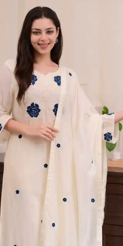 BE 382 White Color Roman Silk Embroidery Work Salwar Suit Casual, Wedding, Festive, Events . Expected Delivery  4-6 Working Days @1949/- only      | Jump Suits, Tops & Bottoms, Track Suits, Trendy Wear, Casual Suits, Creative suits, Designer Suits, Palazzo Suits, Party Wear Suits, Patiala Suits, Salwar suit, Straight Suits