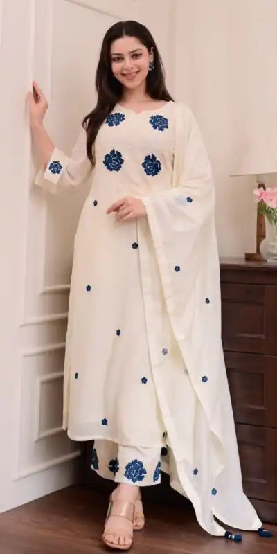 BE 382 White Color Roman Silk Embroidery Work Salwar Suit Casual, Wedding, Festive, Events . Expected Delivery  4-6 Working Days @1949/- only      | Jump Suits, Tops & Bottoms, Track Suits, Trendy Wear, Casual Suits, Creative suits, Designer Suits, Palazzo Suits, Party Wear Suits, Patiala Suits, Salwar suit, Straight Suits