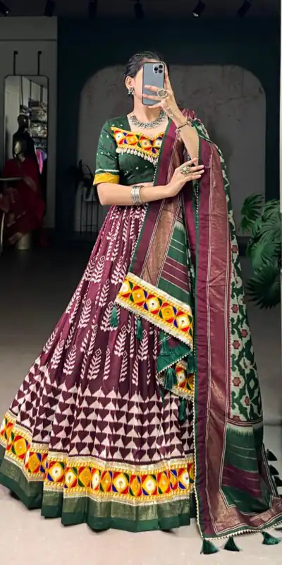 LNB 1732 Wine Color Tasar Silk Print Foil Work Real Mirror Gamthi Work Lehenga Choli Wedding, Party, Festive, Events Etc. Delivery 4-6 Working Days Rs 2999 | Bollywood Lehenga, Creative Lehenga, Designer Lehenga, Embroidered Lehenga, Lehenga, Party Wear Lehenga