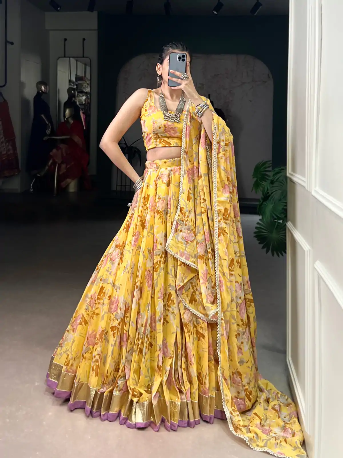 LNB 1672 Yellow Color Chiffon Floral Print Foil Print Embossed Design Lehenga Choli Wedding, Party, Festive, Events Etc. Delivery 4-6 Working Days Rs 3099 | Bollywood Lehenga, Creative Lehenga, Designer Lehenga, Embroidered Lehenga, Lehenga, Party Wear Lehenga