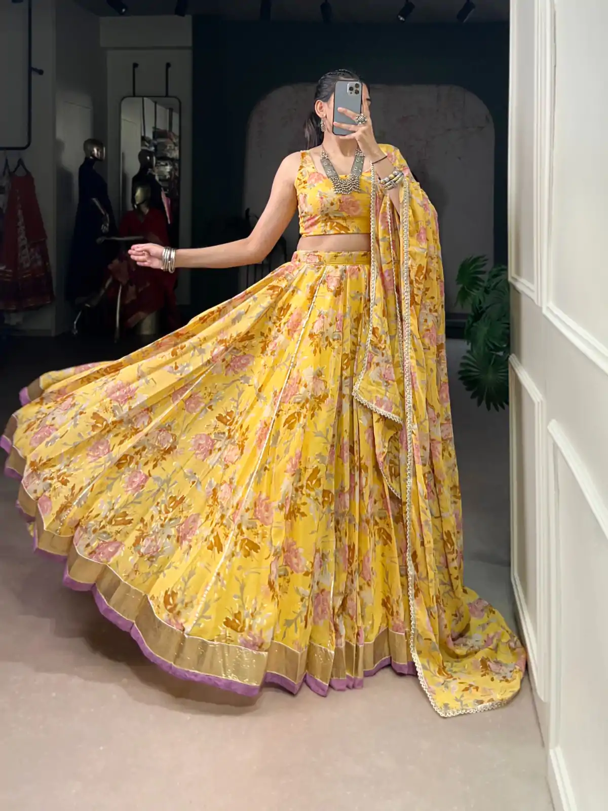 LNB 1672 Yellow Color Chiffon Floral Print Foil Print Embossed Design Lehenga Choli Wedding, Party, Festive, Events Etc. Delivery 4-6 Working Days Rs 3099 | Bollywood Lehenga, Creative Lehenga, Designer Lehenga, Embroidered Lehenga, Lehenga, Party Wear Lehenga