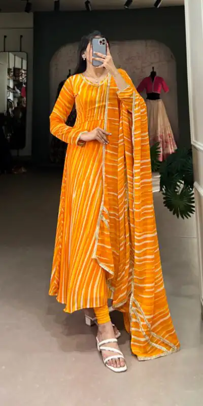 YNF 5026 Yellow Color Georgette Leheriya Georgette Lace Touch Up Gown Casual, Wedding, Festive, Events . Expected Delivery  4-6 Working Days @1649/- only      | Bollywood Gowns, Creative Gowns, Designer Gowns, Embroidered Gowns, Gowns, Party Wear Gowns