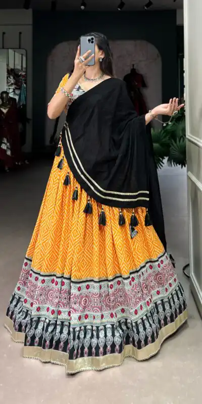 LNB 1712 Yellow Color Rayon Bandhej Ajarakh Print Embossed Gota Lace Lehenga Choli Wedding, Party, Festive, Events Etc. Delivery 4-6 Working Days Rs 1999 | Bollywood Lehenga, Creative Lehenga, Designer Lehenga, Embroidered Lehenga, Lehenga, Party Wear Lehenga