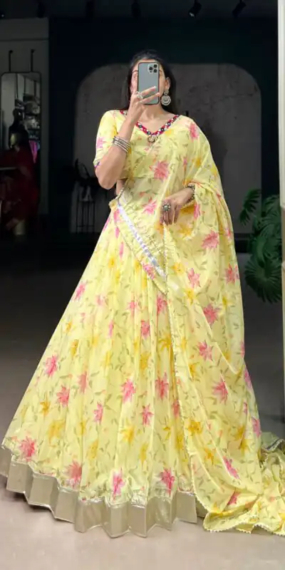 LNB 1716 Yellow Color Tabby Silk Floral Print Embossed Design Lace Lehenga Choli Wedding, Party, Festive, Events Etc. Delivery 4-6 Working Days Rs 2499 | Bollywood Lehenga, Creative Lehenga, Designer Lehenga, Embroidered Lehenga, Lehenga, Party Wear Lehenga