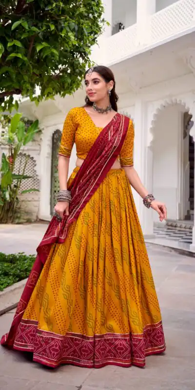 LNB 1250 Yellow Color Tasar Silk Bandhej Print With Gotta Patti Lace Lehenga Choli Festive Party Wedding, Events etc. Delivery 4-6 Working Days @2149/- | Bollywood Lehenga, Creative Lehenga, Designer Lehenga, Embroidered Lehenga, Lehenga, Party Wear Lehenga