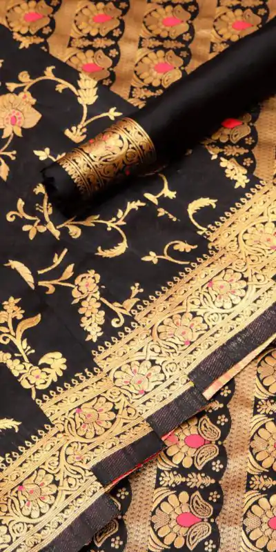 KP 1029 Black Soft Banarsari Silk Saree Perfect for Wedding, Party, Lohri, Eid, Reception – . Available at ₹1549 only. Delivery 4-6 Working | Bollywood Sarees, Creative Sarees, Designer Sarees, Embroidered Sarees, Ethnic Saree, Modern Digital sarees, Party Wear Sarees, Sarees