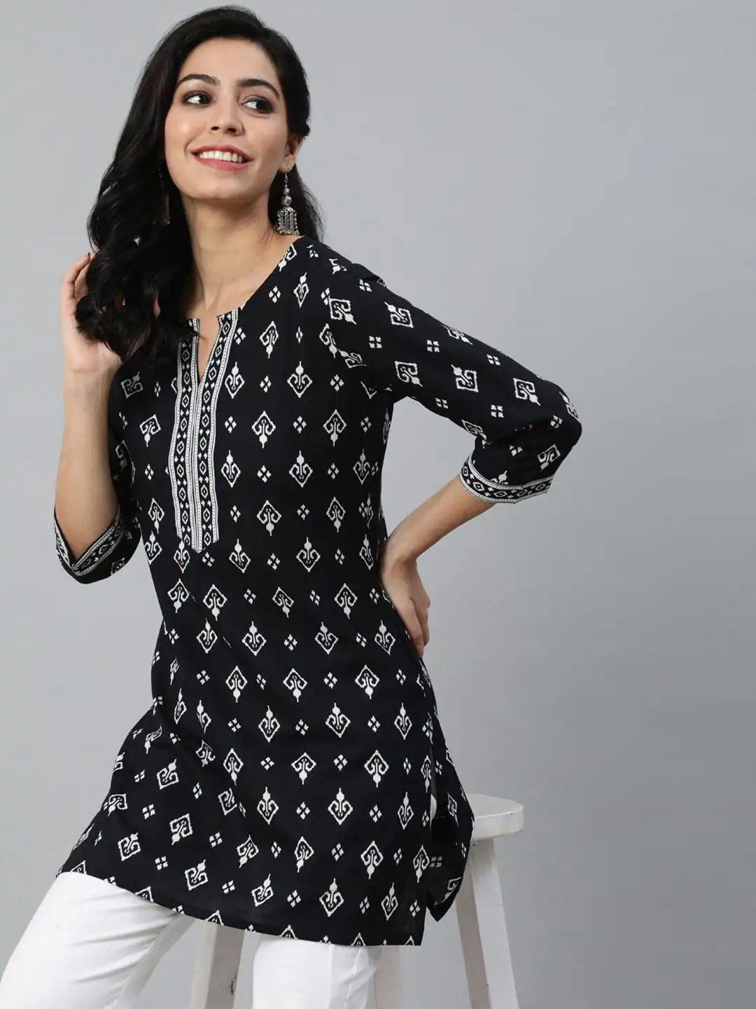INLI Blush 2.0 Black Cotton Printed Designer Work Kurti in . Wedding, Party, Festive, Events, Special Price ₹1269. Delivery 4-6 Working Days. Shop now. | Bollywood Kurti, Creative Kurtis, Designer Kurti, Kurti, Party Wear Kurti, Selfie Kurti