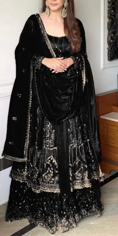 VLM 297 Black Crunchy Silk with Lace Work & Embroidery Work Gown . Introductory Price ₹2499. Delivery 4-6 Working Days. Shop now. | Bollywood Gowns, Creative Gowns, Designer Gowns, Embroidered Gowns, Gowns, Party Wear Gowns