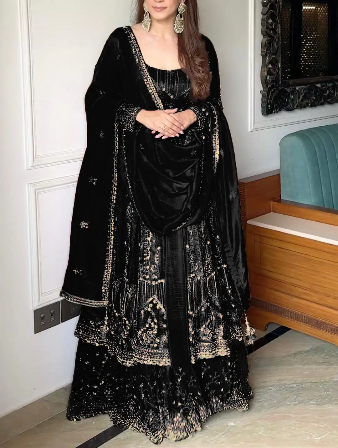 VLM 297 Black Crunchy Silk with Lace Work & Embroidery Work Gown . Introductory Price ₹2499. Delivery 4-6 Working Days. Shop now. | Bollywood Gowns, Creative Gowns, Designer Gowns, Embroidered Gowns, Gowns, Party Wear Gowns