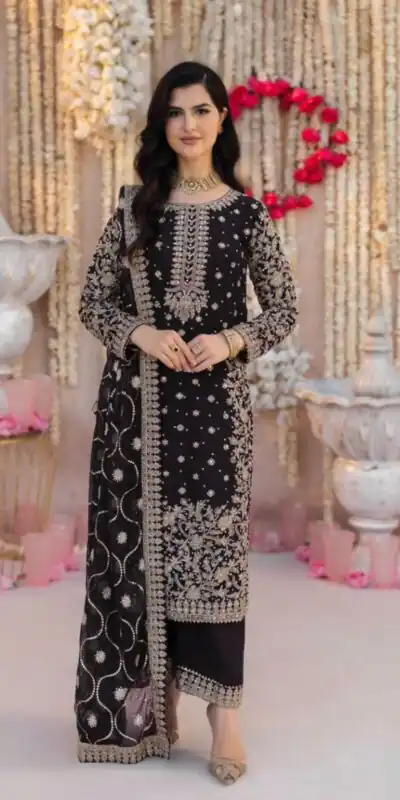 SRK 5238 Black Faux Georgette With 5mm Embroidery Sequence Work with Beads Work Wedding, Party, Festive, Events, 4-6 Working Days At 2399 | Jump Suits, Casual Suits, Creative suits, Designer Suits, Palazzo Suits, Party Wear Suits, Patiala Suits, Salwar suit, Straight Suits