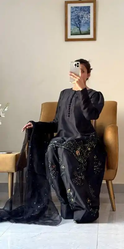 SRK 5267 Black Pure Natural Crep Silk with Embroidery Work Salwar Suit . Exclusive Offer ₹1949. Delivery 4-6 Working Days. Shop now. | Designer Suits, Jump Suits, Casual Suits, Creative suits, Palazzo Suits, Party Wear Suits, Patiala Suits, Salwar suit, Straight Suits