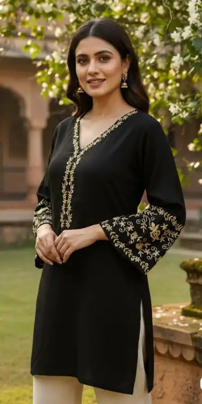 INLI Adaa 5.0 Black Rayon with Embroidery Work Kurti .Wedding, Party, Festive, Events, Best Price ₹1349. Delivery 4-6 Working Days. Shop now. | Bollywood Kurti, Creative Kurtis, Designer Kurti, Kurti, Party Wear Kurti, Selfie Kurti