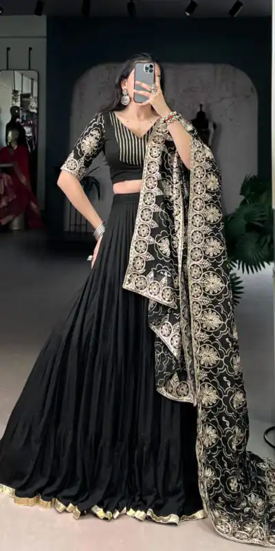 LNB 1691 Black Pure Rayon With Zari Work & Embroidery Work Lehenga Choli . Now at just ₹3699. Delivery 4-6 Working Days. Shop now. | Bollywood Lehenga, Creative Lehenga, Designer Lehenga, Embroidered Lehenga, Lehenga, Party Wear Lehenga