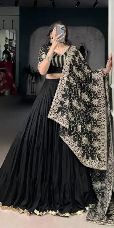LNB 1691 Black Pure Rayon With Zari Work & Embroidery Work Lehenga Choli . Now at just ₹3699. Delivery 4-6 Working Days. Shop now. | Bollywood Lehenga, Creative Lehenga, Designer Lehenga, Embroidered Lehenga, Lehenga, Party Wear Lehenga