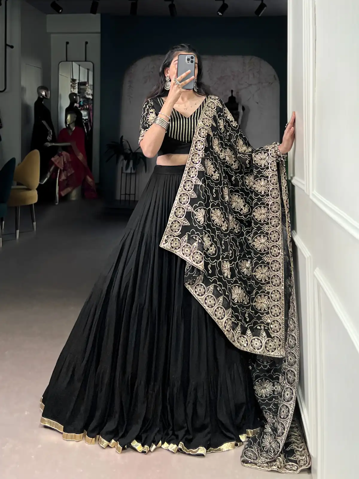 LNB 1691 Black Pure Rayon With Zari Work & Embroidery Work Lehenga Choli . Now at just ₹3699. Delivery 4-6 Working Days. Shop now. | Bollywood Lehenga, Creative Lehenga, Designer Lehenga, Embroidered Lehenga, Lehenga, Party Wear Lehenga
