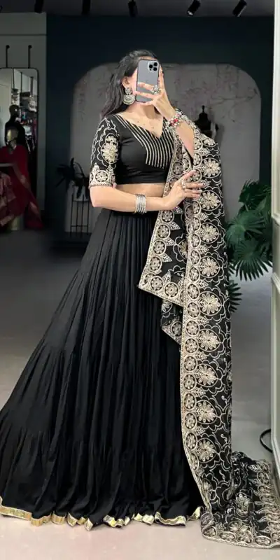 LNB 1691 Black Pure Rayon With Zari Work & Embroidery Work Lehenga Choli . Now at just ₹3699. Delivery 4-6 Working Days. Shop now. | Bollywood Lehenga, Creative Lehenga, Designer Lehenga, Embroidered Lehenga, Lehenga, Party Wear Lehenga