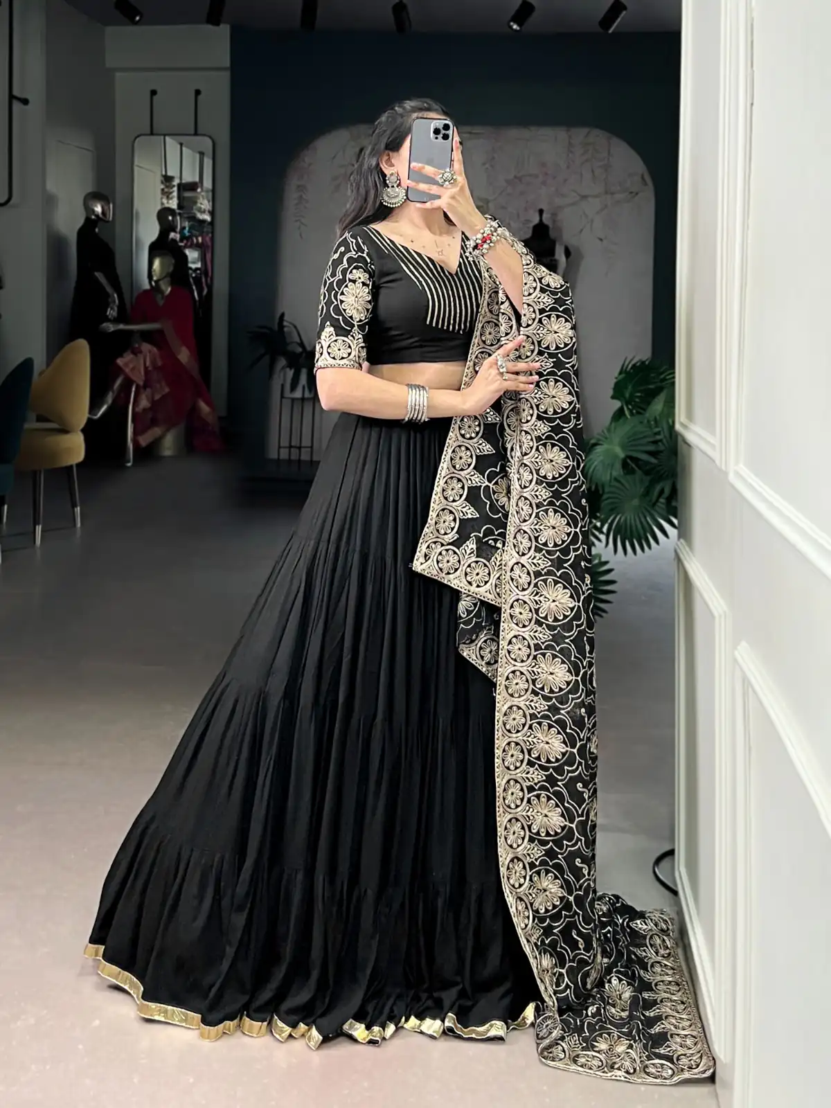 LNB 1691 Black Pure Rayon With Zari Work & Embroidery Work Lehenga Choli . Now at just ₹3699. Delivery 4-6 Working Days. Shop now. | Bollywood Lehenga, Creative Lehenga, Designer Lehenga, Embroidered Lehenga, Lehenga, Party Wear Lehenga